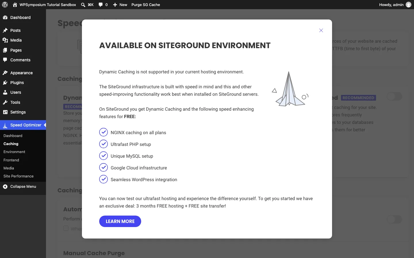 Speed Optimizer’s “Available on SiteGround environment” message saying Dynamic Caching is not supported, with an offer of 3 months of free hosting