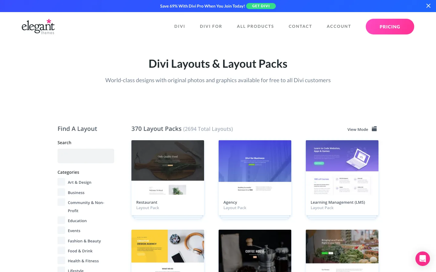 Divi layout library with 370 layout packs and 2,694 layouts