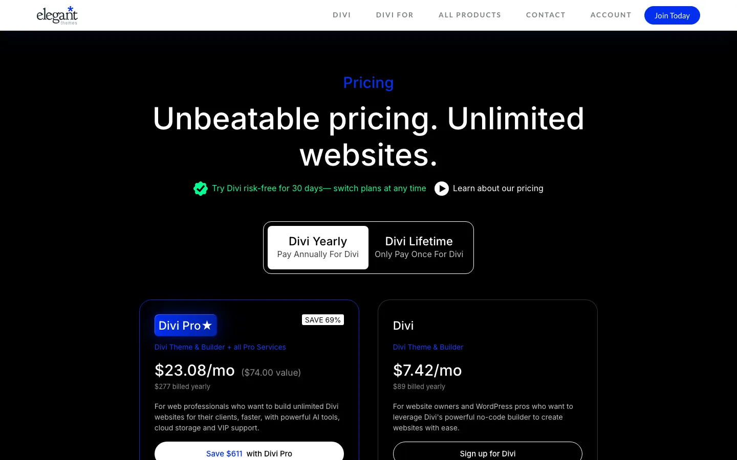 Divi pricing page showing Divi at $89 per year and Divi Pro at $277 per year