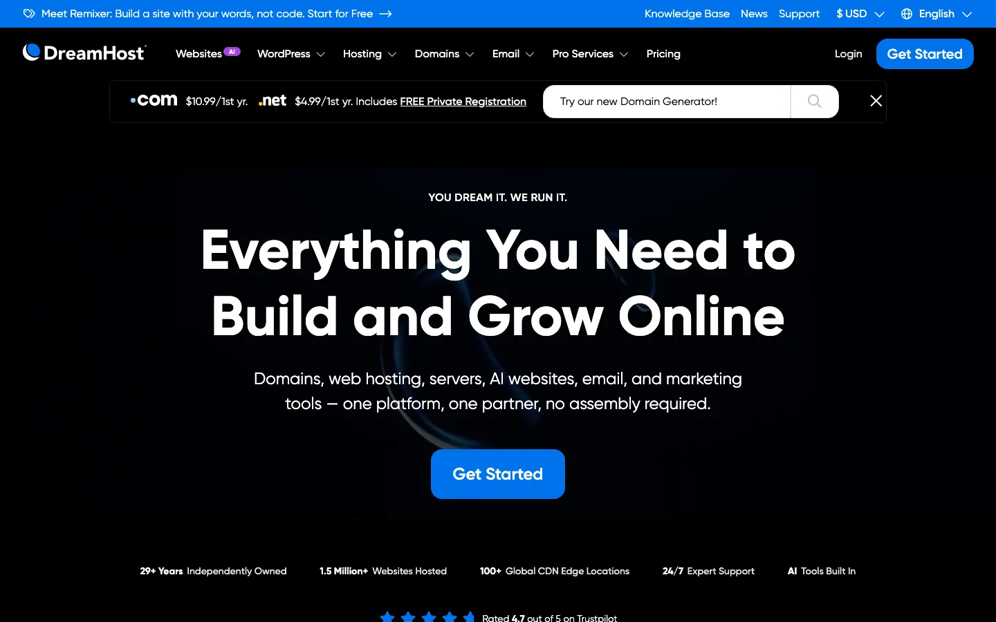 DreamHost homepage with the headline Everything You Need to Build and Grow Online