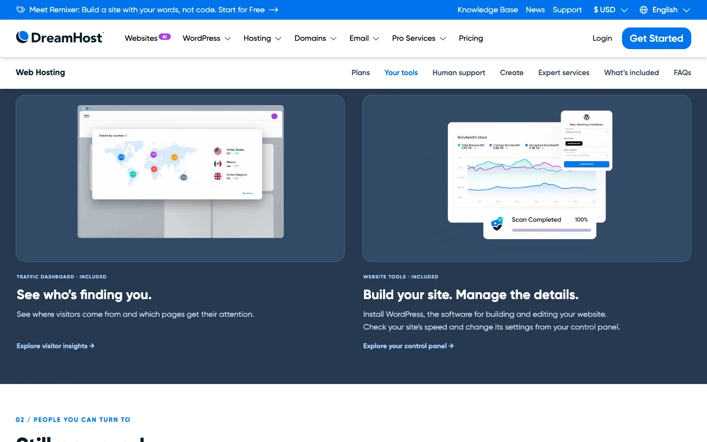 DreamHost web hosting page showing its traffic dashboard and control panel tools for bandwidth, WordPress installs and site scans