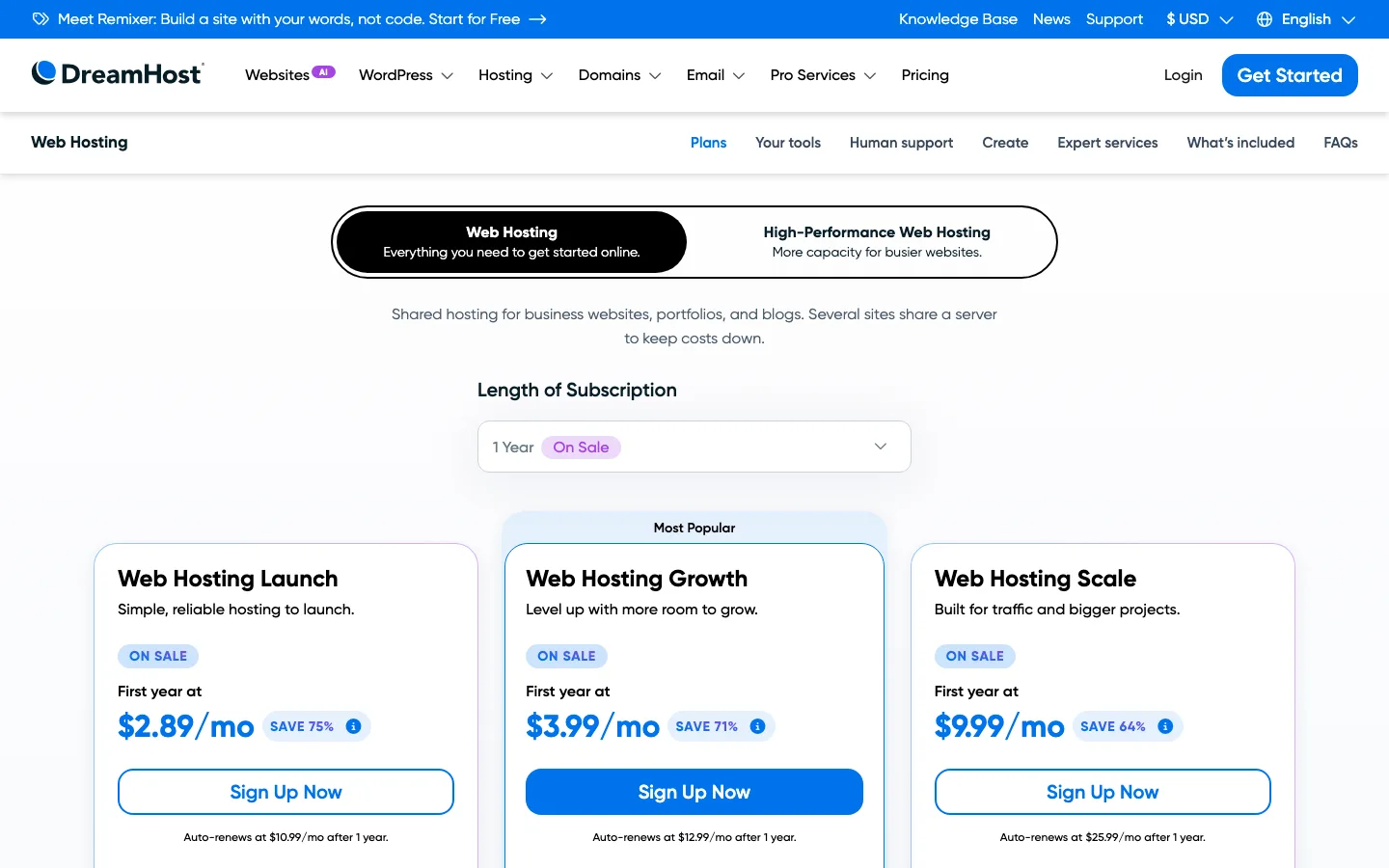 DreamHost Web Hosting Launch, Growth and Scale plan cards with first-year prices and renewal prices