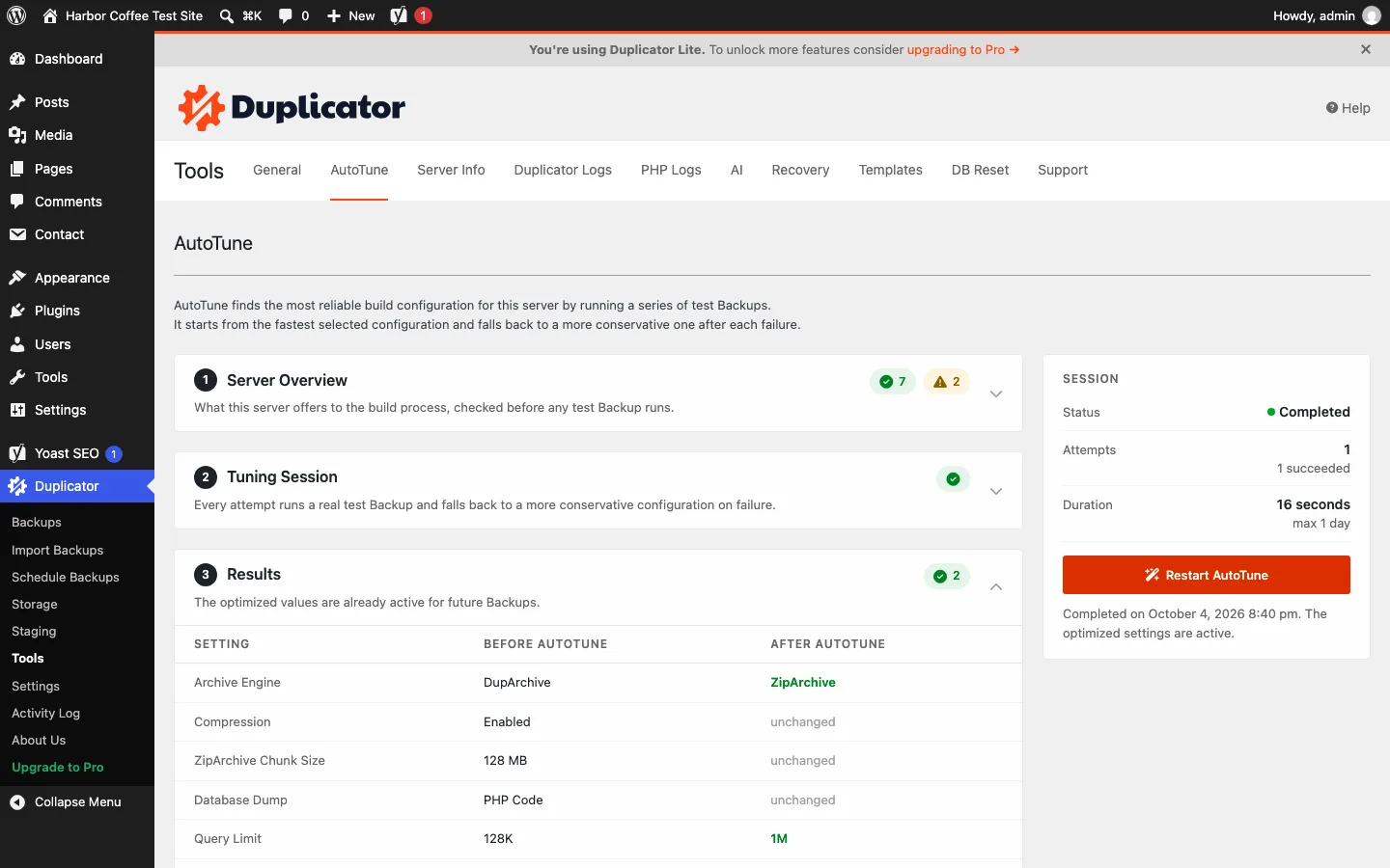Duplicator AutoTune page with the session completed after 1 attempt in 16 seconds and a Results table showing the archive engine changed from DupArchive to ZipArchive and the query limit from 128K to 1M