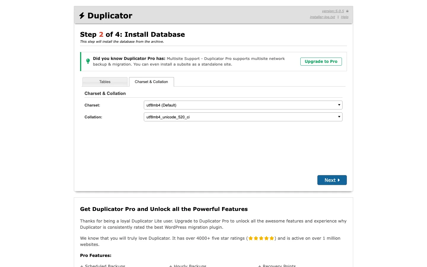 Duplicator installer Step 2 of 4 Install Database, Charset and Collation tab with the charset set to utf8mb4 (Default) and the collation set to utf8mb4_unicode_520_ci