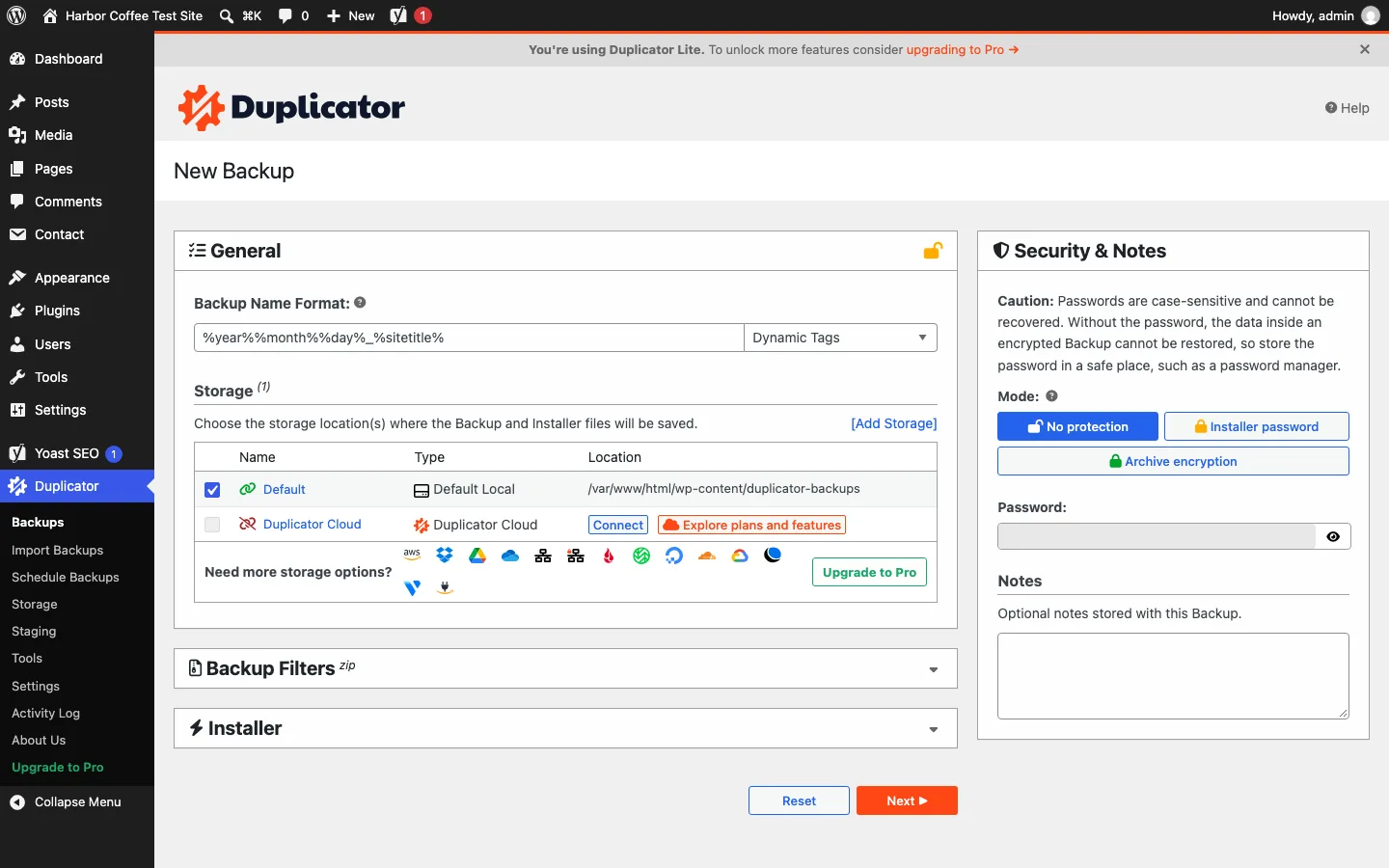 Duplicator New Backup screen with the name format, Default local storage ticked, Duplicator Cloud with a Connect button, and Security options for No protection, Installer password and Archive encryption