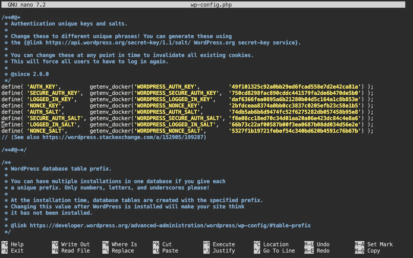 wp-config.php open in nano at the authentication unique keys and salts section, showing AUTH_KEY through NONCE_SALT