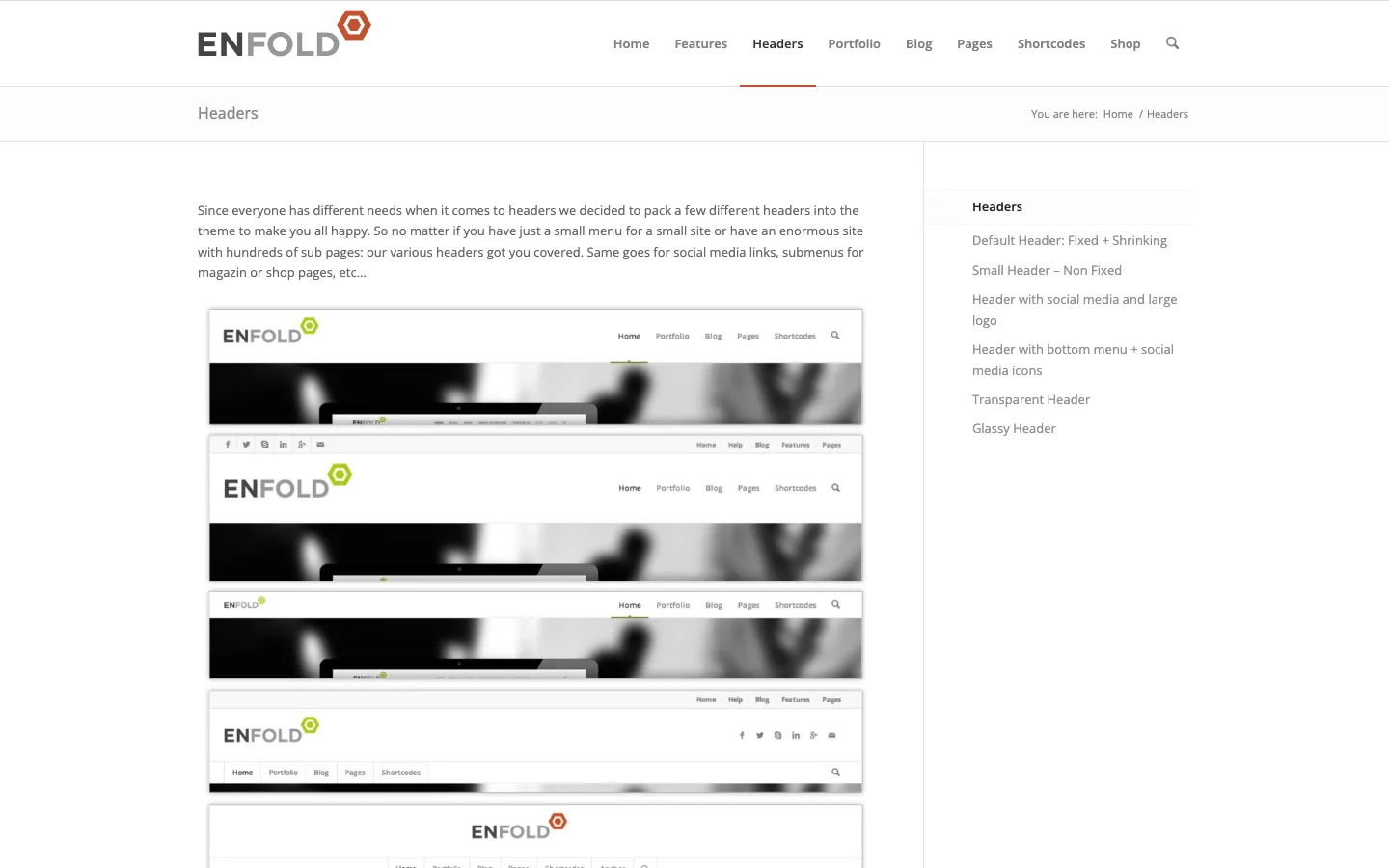 Enfold demo Headers page showing several header layouts stacked one above another