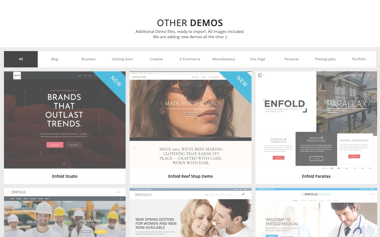Enfold demo overview page with category filters and demo tiles for Enfold Studio, Reef Shop and Parallax