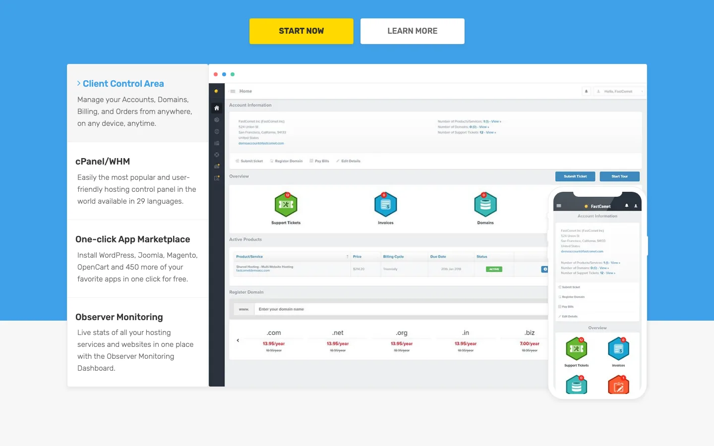 FastComet Client Control Area home screen with support tickets, invoices, domains and active products