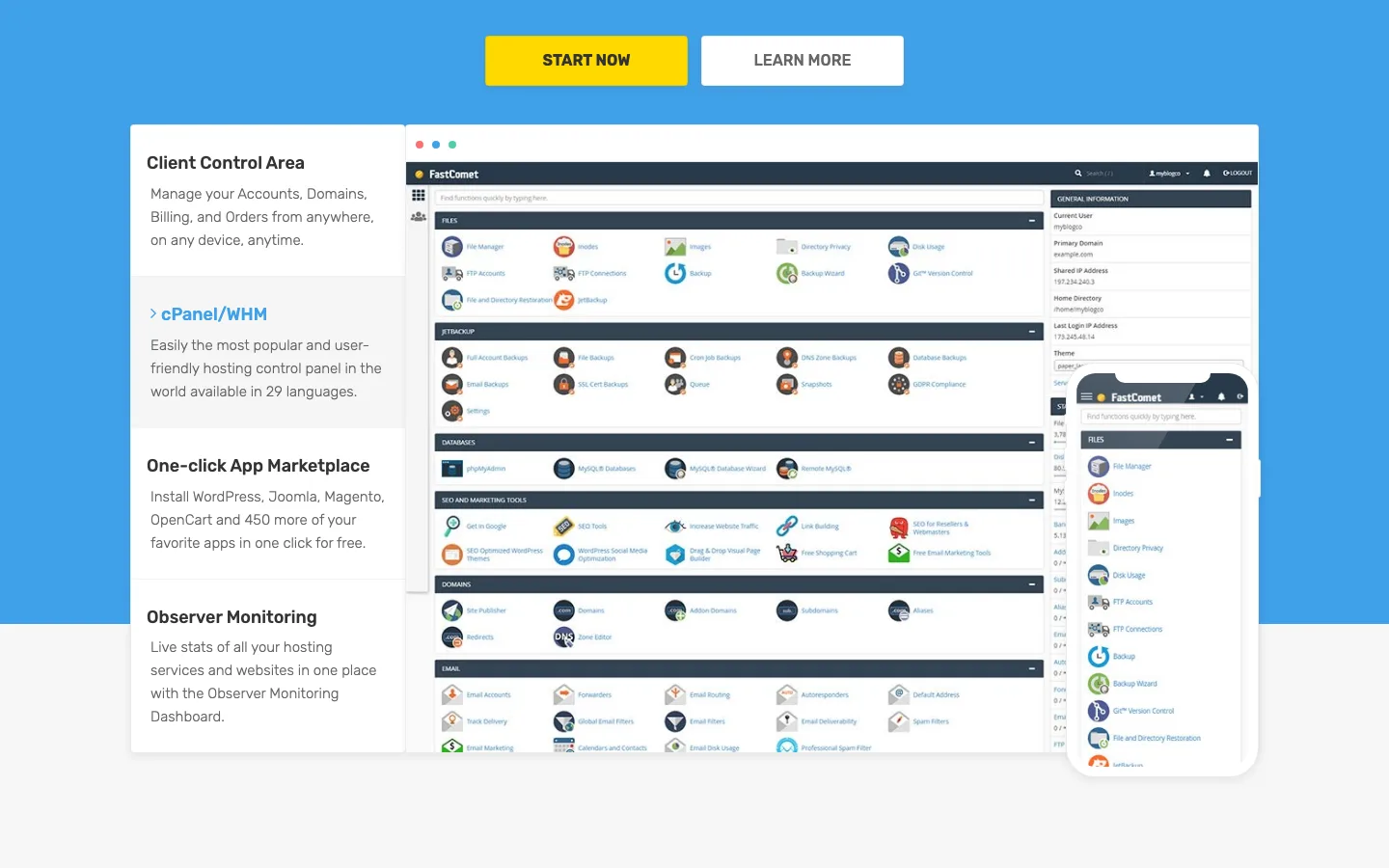 FastComet cPanel dashboard with Files, JetBackup, Databases, SEO and Domains tool sections