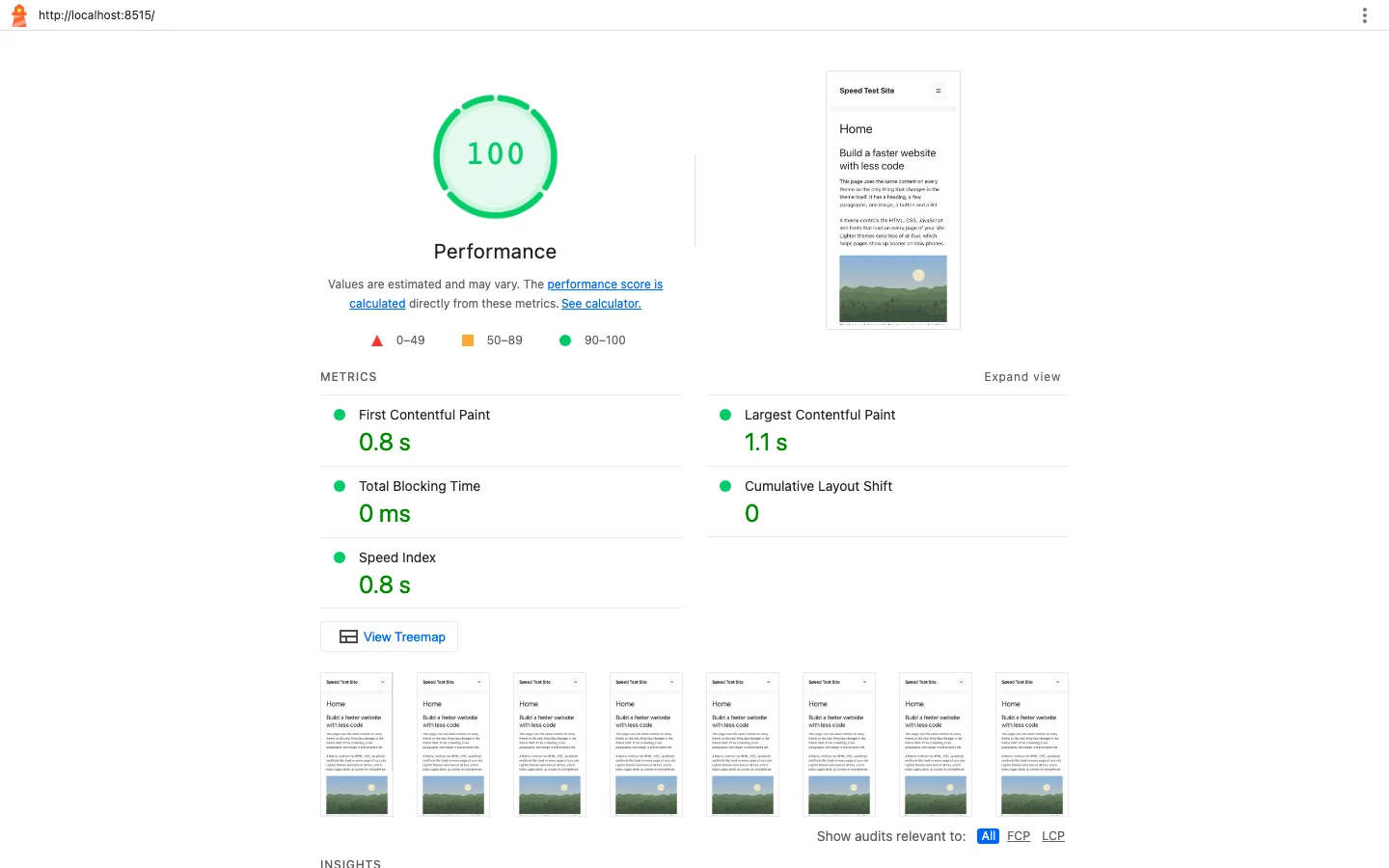 Lighthouse mobile report for GeneratePress showing a performance score of 100, FCP 0.8 s, LCP 1.1 s, TBT 0 ms and CLS 0