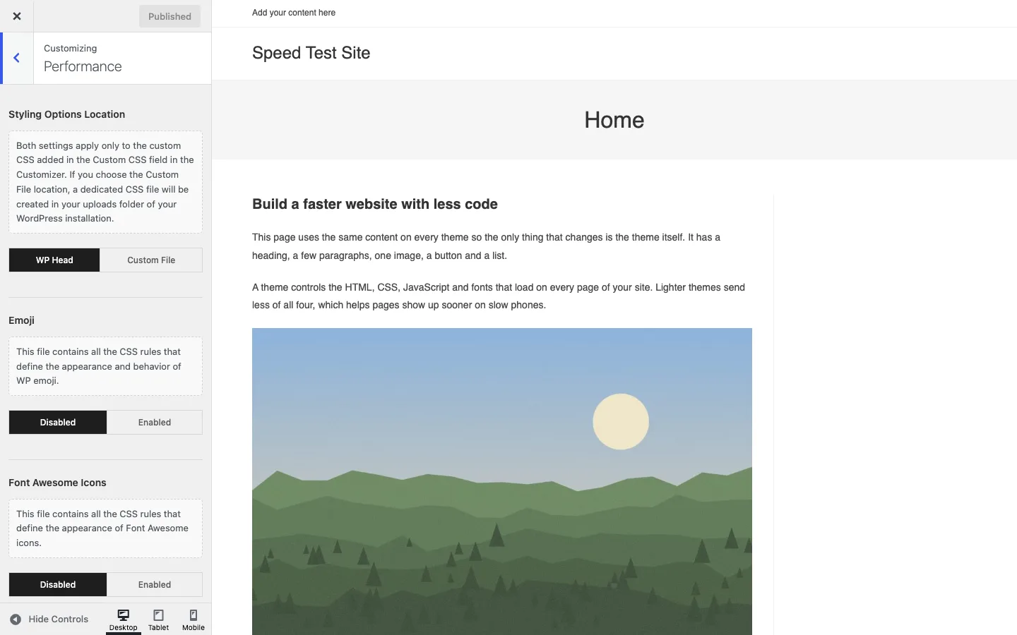 OceanWP Customizer Performance panel with Emoji and Font Awesome Icons set to Disabled