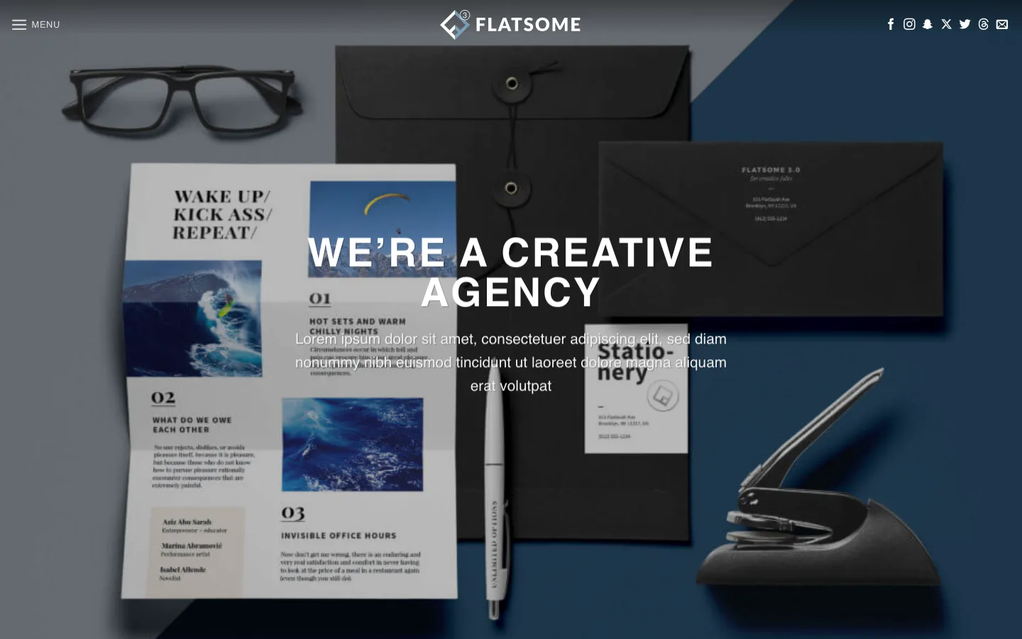 Flatsome Agency demo homepage with the headline We’re a creative agency over a stationery flat lay