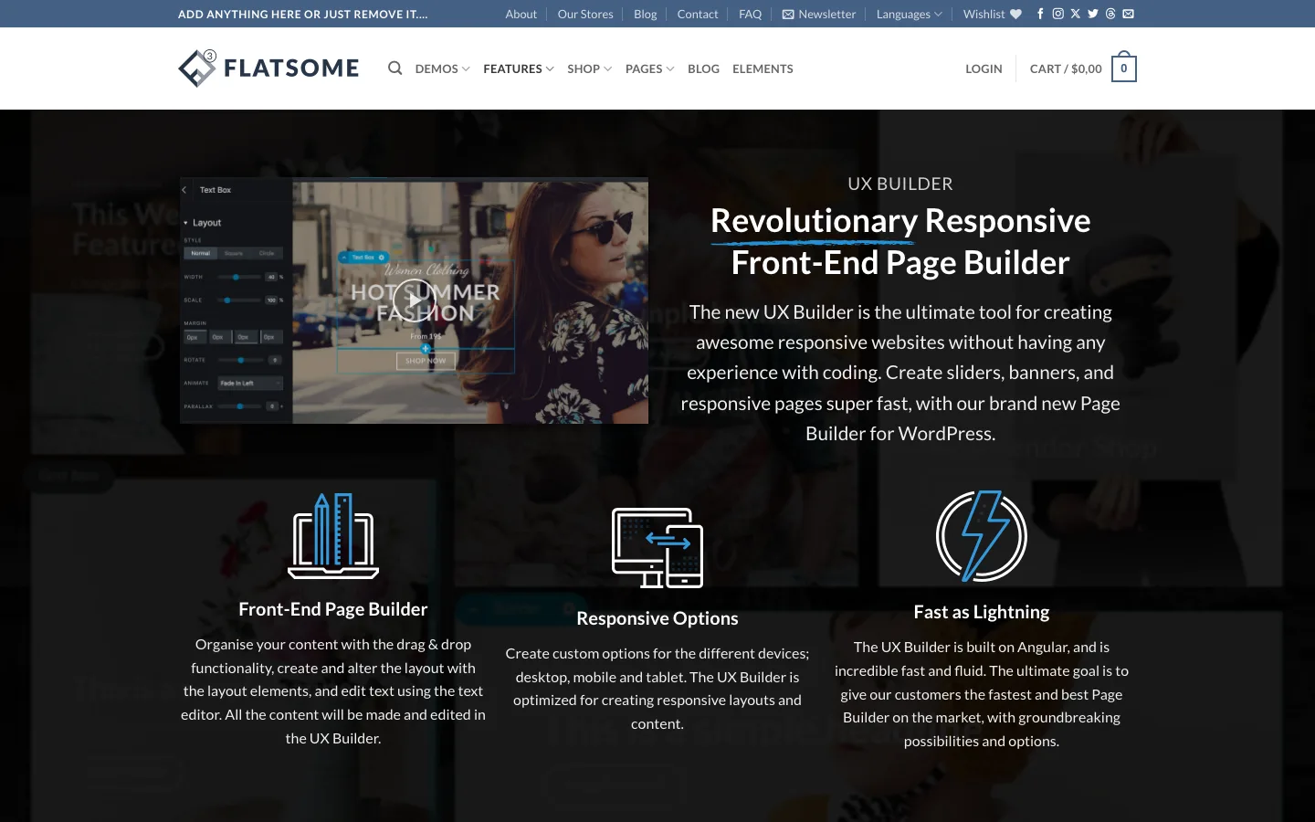 Flatsome UX Builder feature page showing the builder’s side panel next to a live page preview