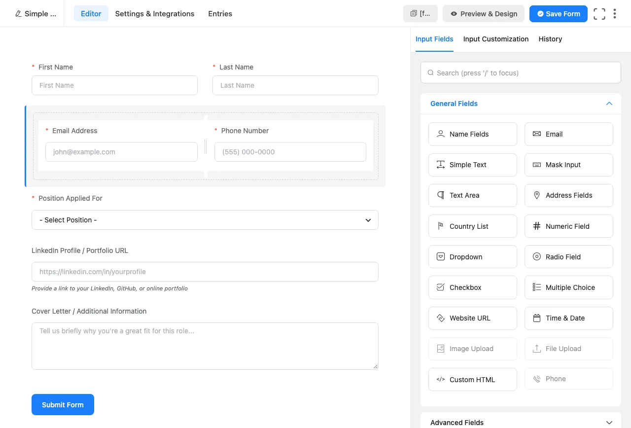 Fluent Forms editor with an AI-generated job application form showing first and last name, email and phone in two columns, a Position Applied For dropdown, a LinkedIn profile or portfolio URL field and a cover letter box, next to a field panel with Image Upload, File Upload and Phone greyed out