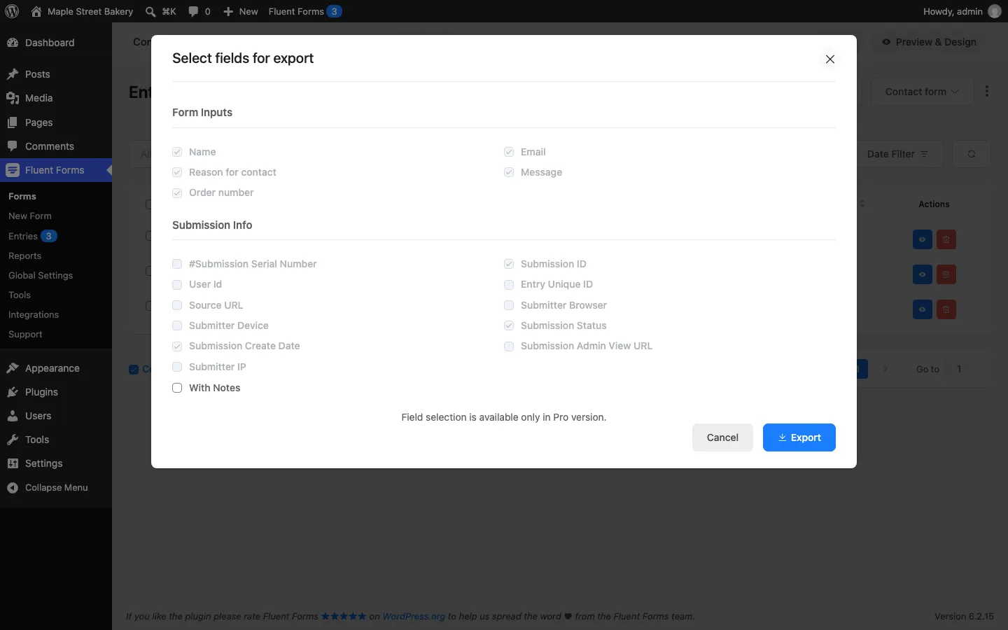 Fluent Forms export dialog with all fields preselected and a note that field selection is available only in the Pro version