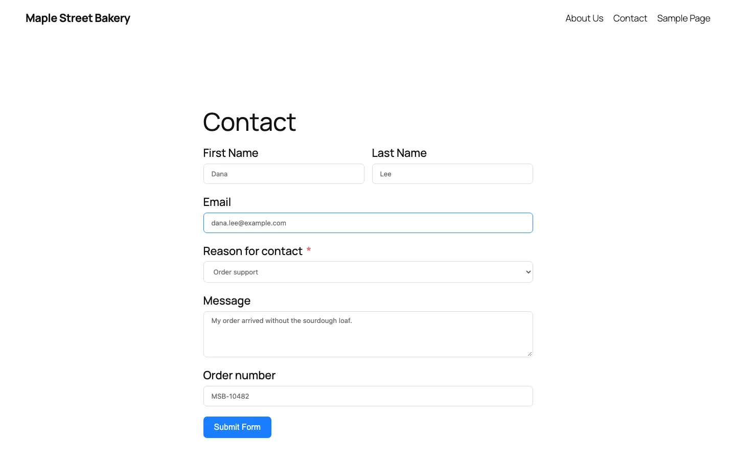 Fluent Forms contact form on the front end with Order support selected and the Order number field showing