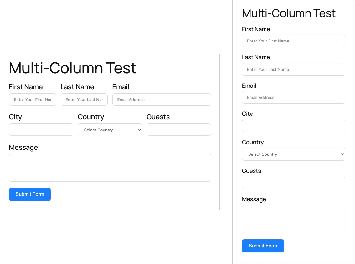 The same Fluent Forms test form twice: on a desktop with first name, last name and email in one row and city, country and guests in another, and at phone width with every field stacked in a single column