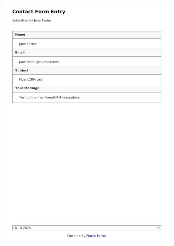 A one-page PDF of a Fluent Forms entry titled Contact Form Entry, with a grey table of name, email, subject and message, a footer with the date and page number, and a Powered By Fluent Forms line