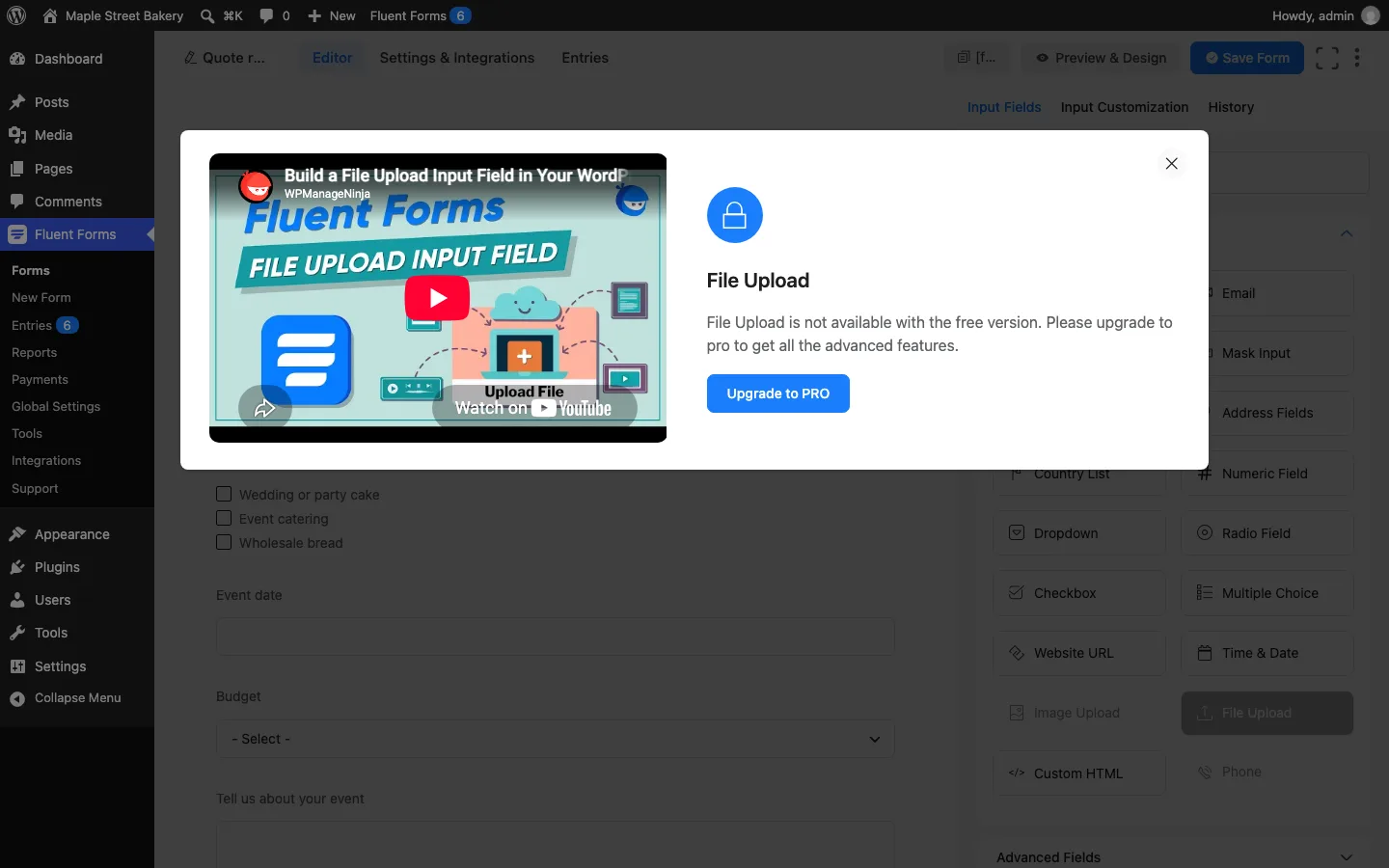 Fluent Forms pop-up saying File Upload is not available with the free version, with an Upgrade to PRO button