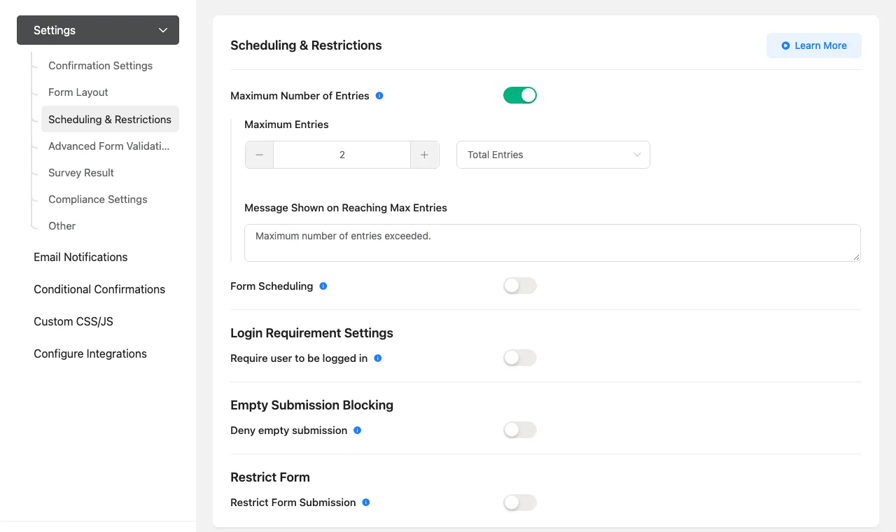 Fluent Forms Scheduling and Restrictions panel with Maximum Number of Entries switched on and set to 2 total entries, and switches for form scheduling, login requirement, empty submission blocking and form restriction