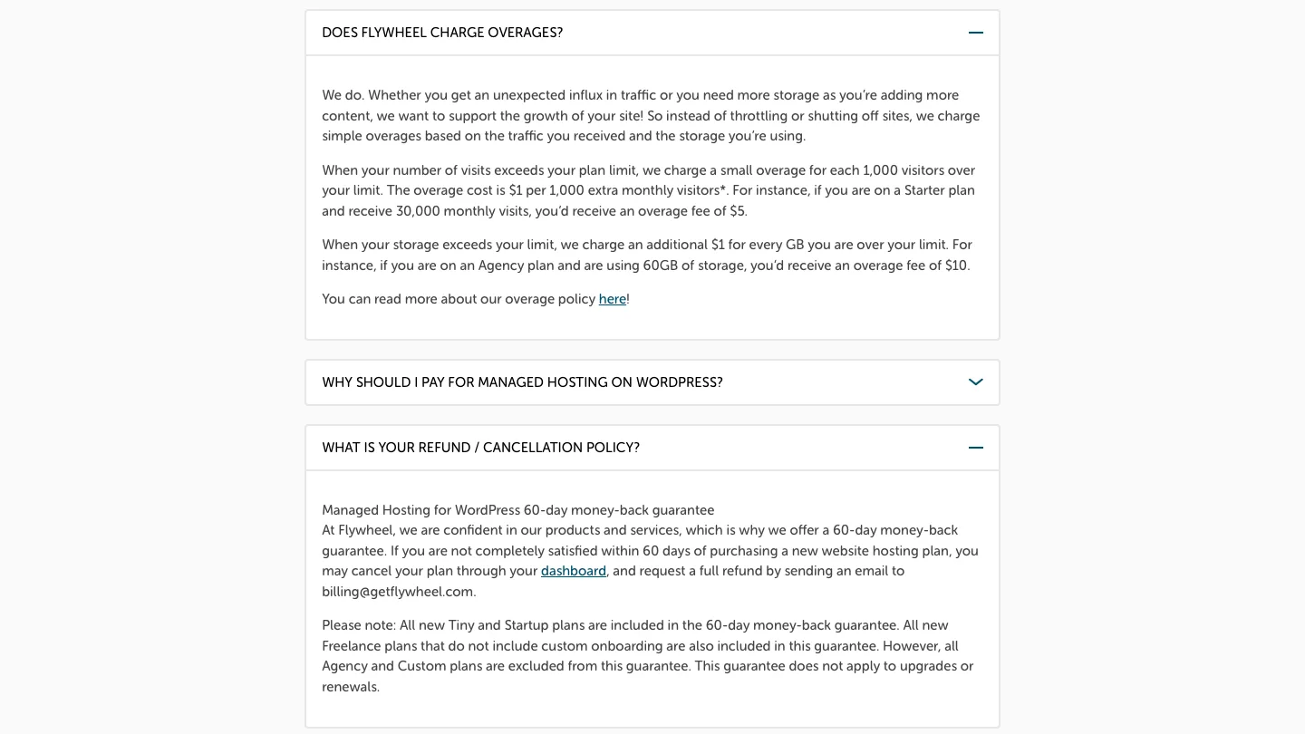 Flywheel pricing FAQ showing the overage policy and the 60-day money-back guarantee with its exclusions