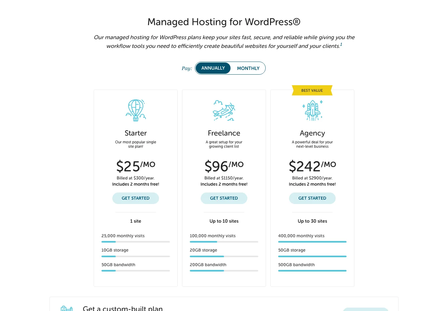 Flywheel pricing page showing the Starter, Freelance and Agency plans on annual billing with their visit, storage and bandwidth limits