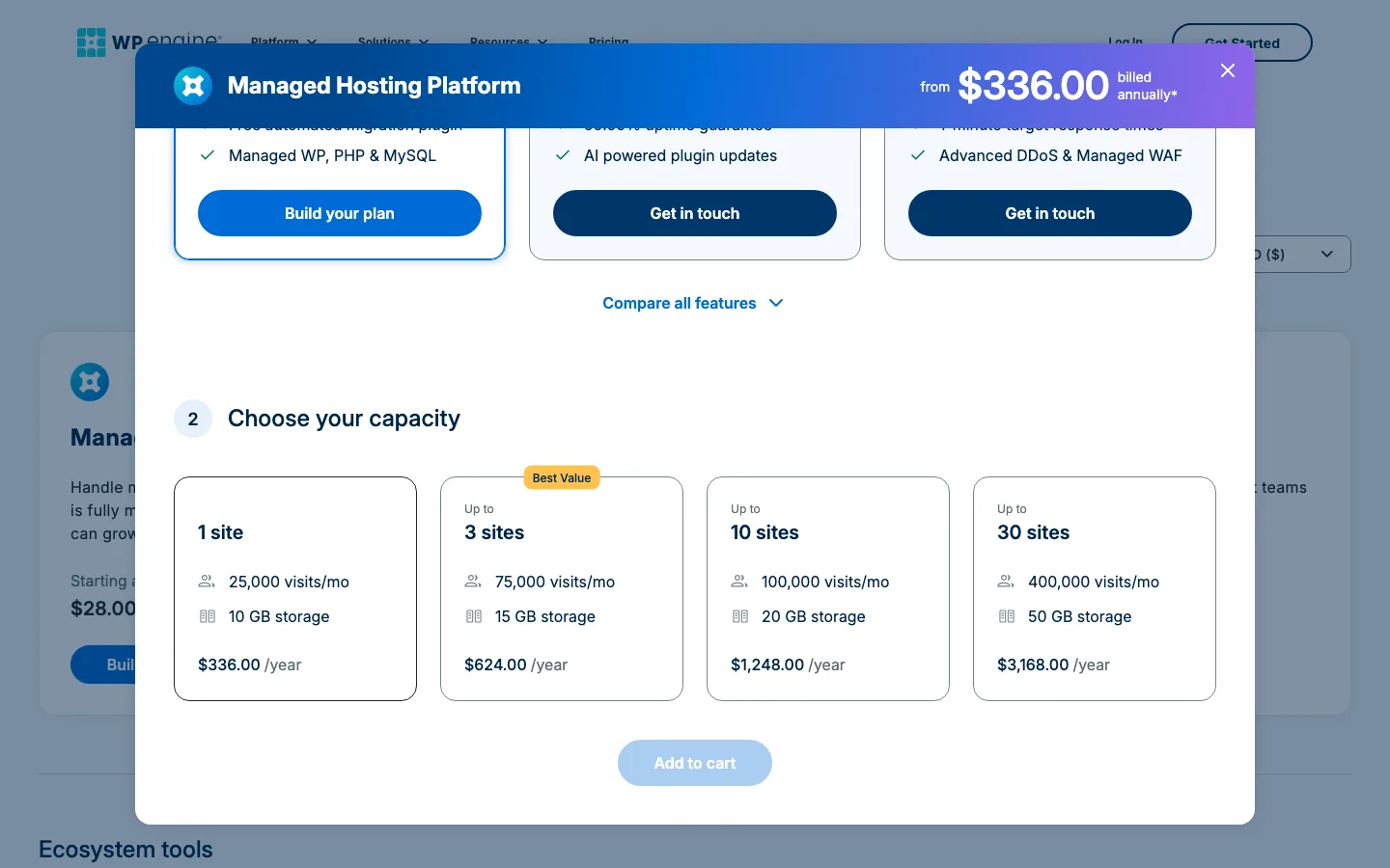 WP Engine plan builder showing Essential capacity steps for 1, 3, 10 and 30 sites at $336, $624, $1,248 and $3,168 a year