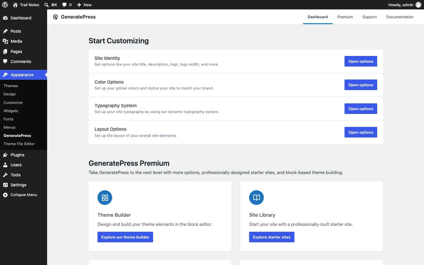 GeneratePress dashboard in WordPress admin with Start Customizing links and the GeneratePress Premium section