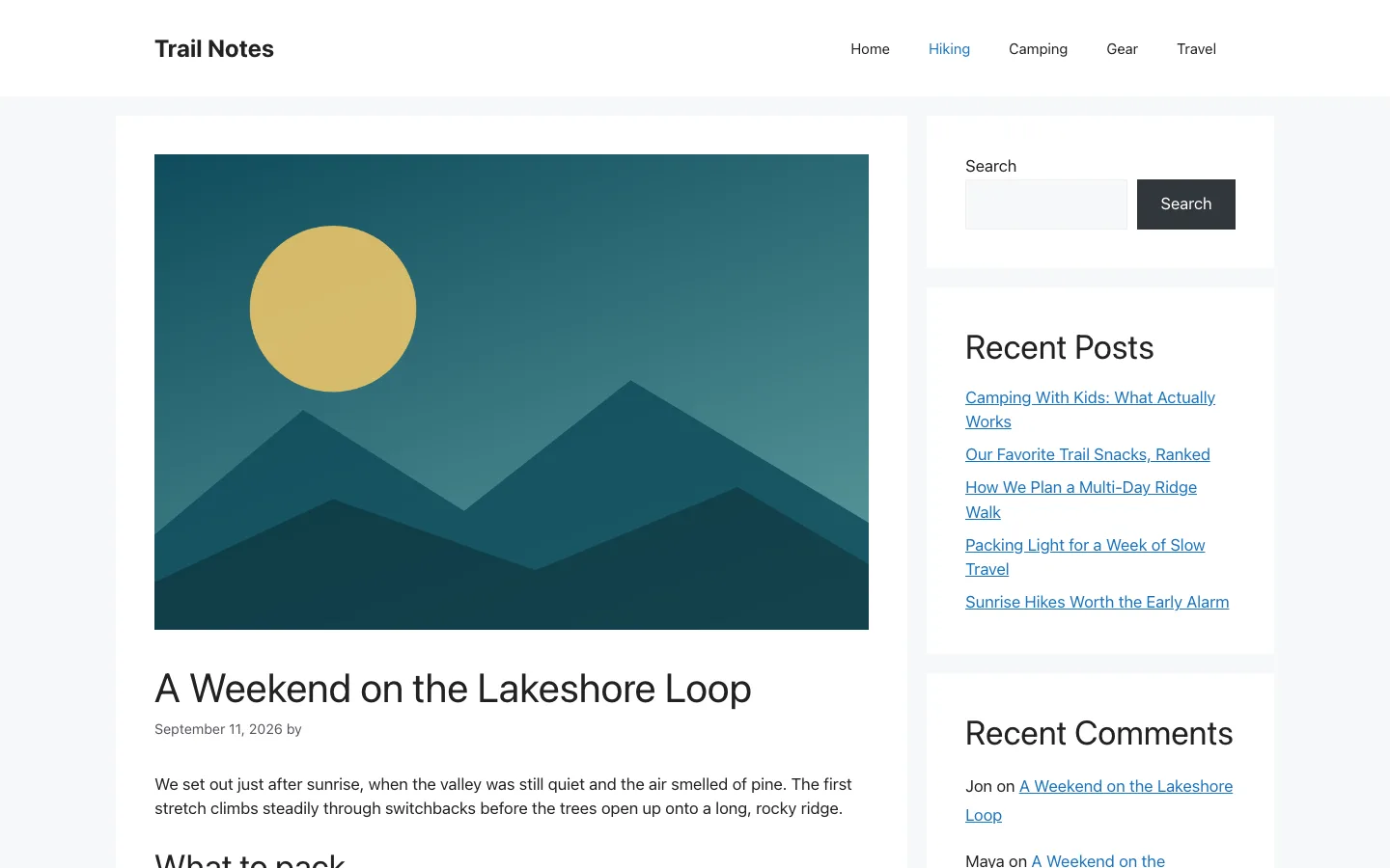 GeneratePress single post layout with featured image, title, content area and right sidebar