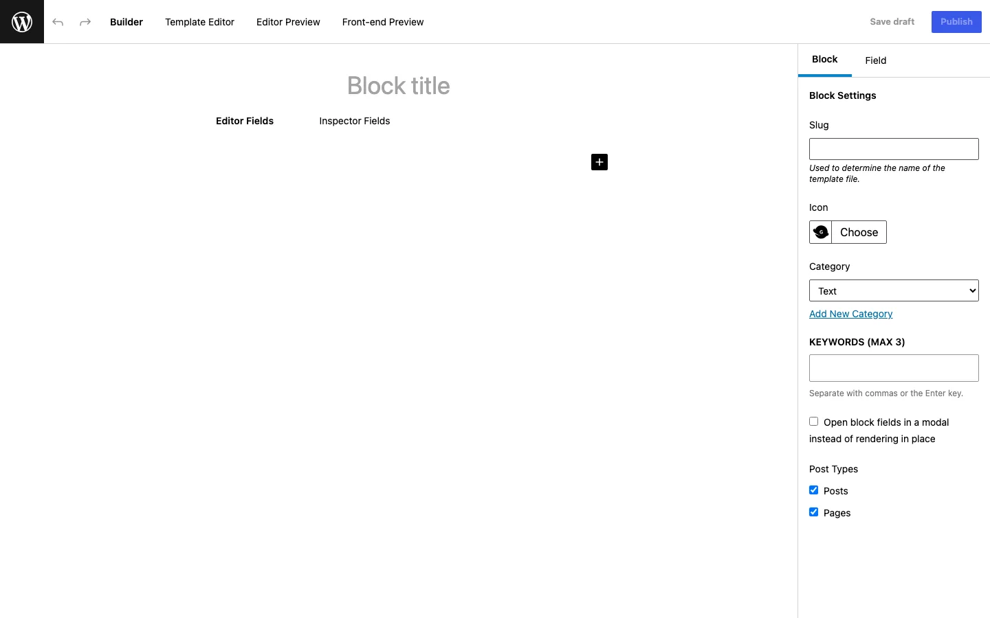 Genesis Custom Blocks builder screen with Builder, Template Editor and preview tabs