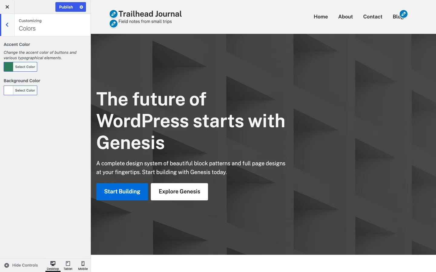 WordPress Customizer Colors panel with the Genesis Block Theme accent color set to green
