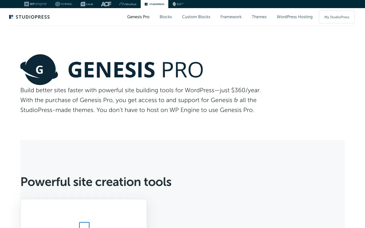Genesis Pro page on studiopress.com showing the $360 per year price