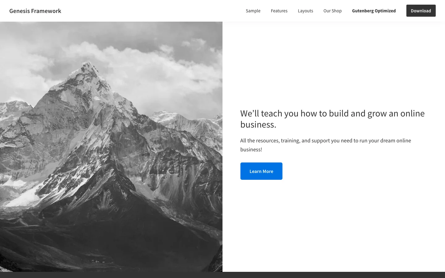 Official Genesis Sample demo home page with a mountain image and a Learn More button