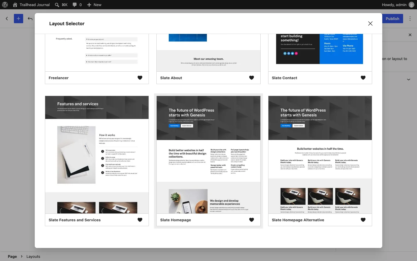 Genesis Blocks Layout Selector showing free full-page layouts including Slate Homepage