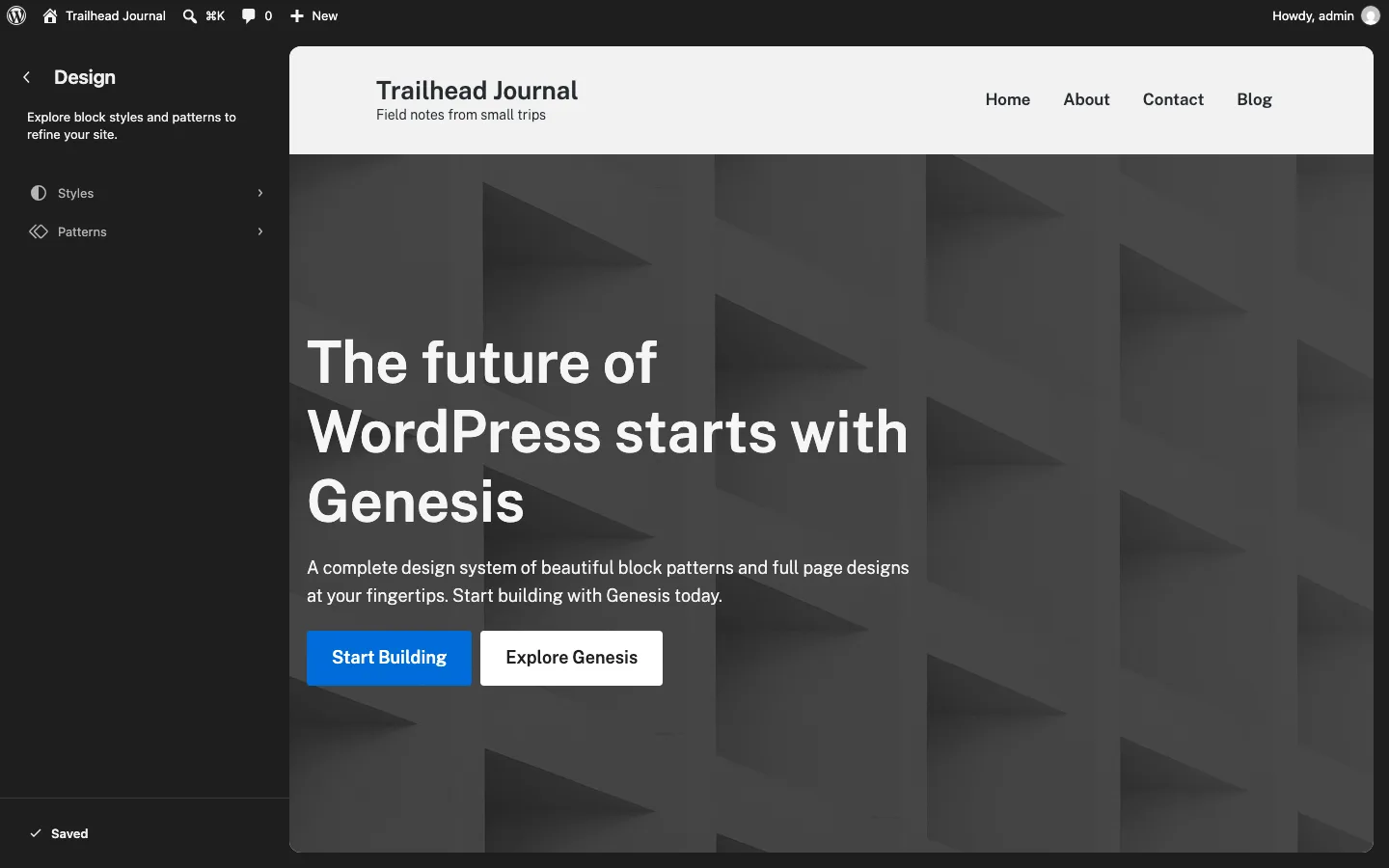 WordPress Design screen showing only Styles and Patterns for Genesis Block Theme