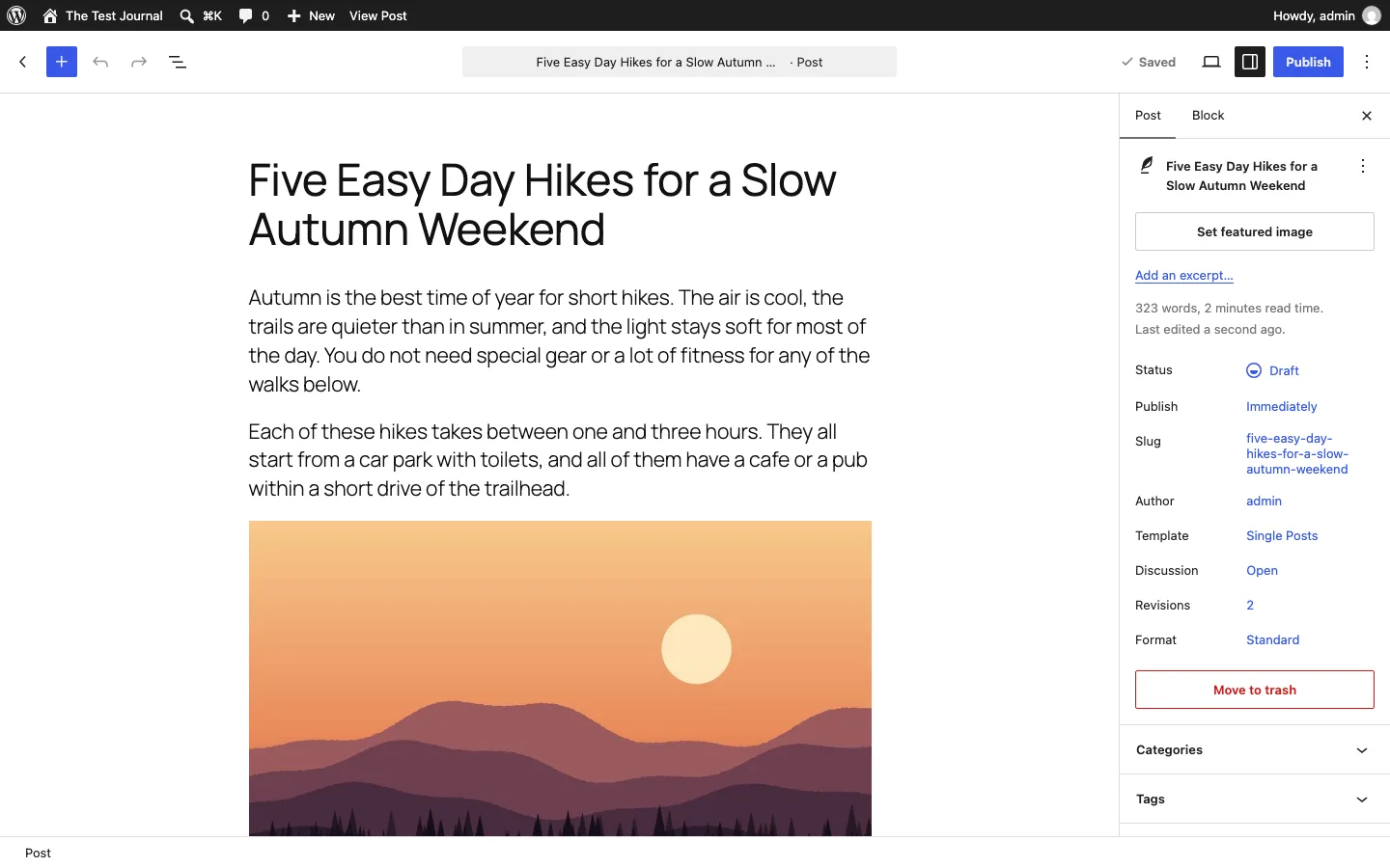 WordPress block editor with the same test post, showing the Post settings sidebar with status, slug and word count