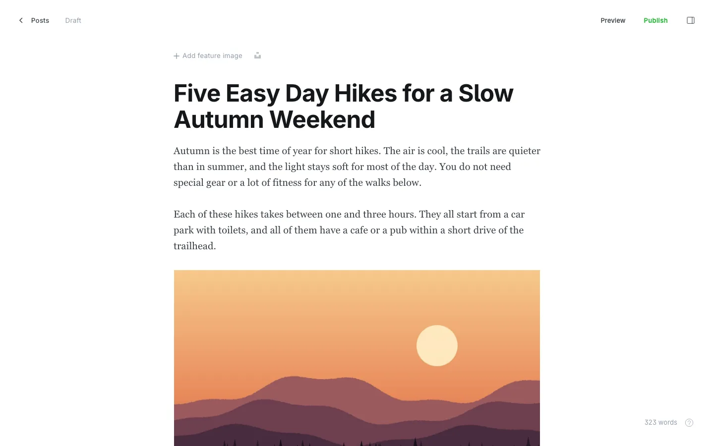 Ghost editor with a post title, two paragraphs and an image card, with Preview and Publish at the top right