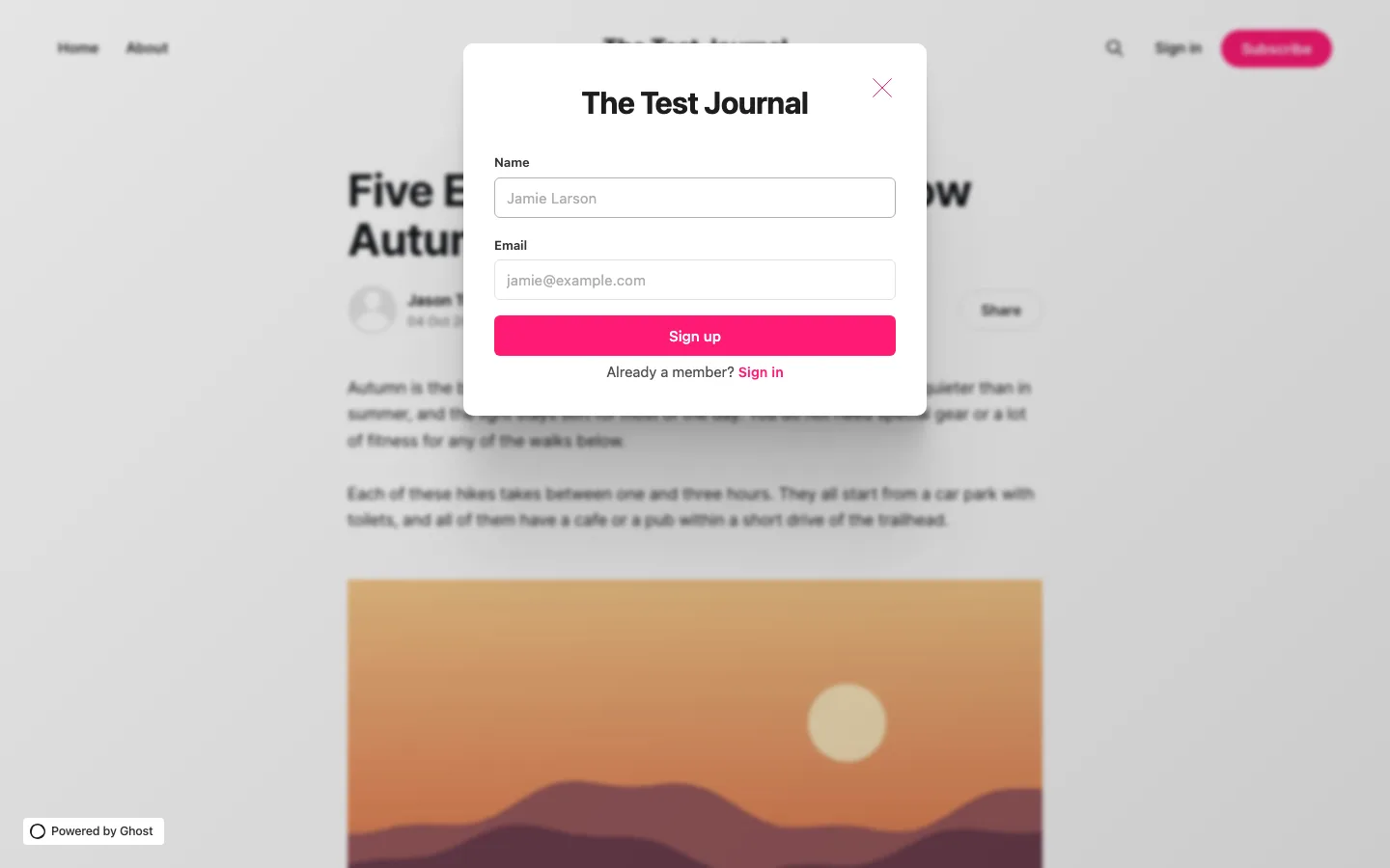 Ghost Portal sign-up popup with name and email fields over the test post
