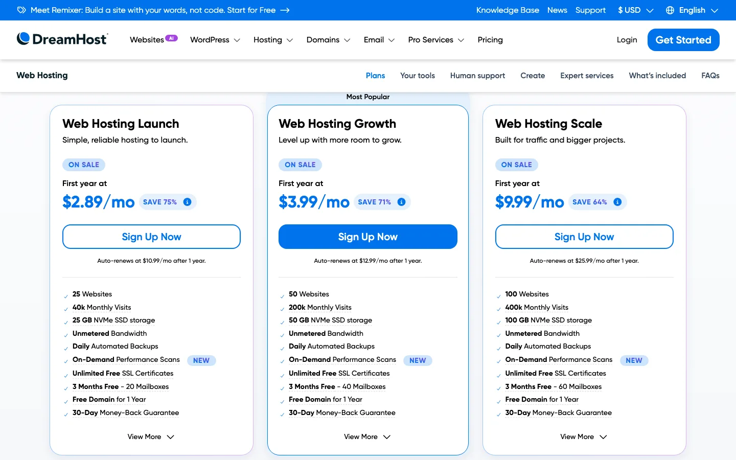 DreamHost Web Hosting Launch, Growth and Scale plan cards with first-year prices of $2.89, $3.99 and $9.99 a month and renewal prices of $10.99, $12.99 and $25.99