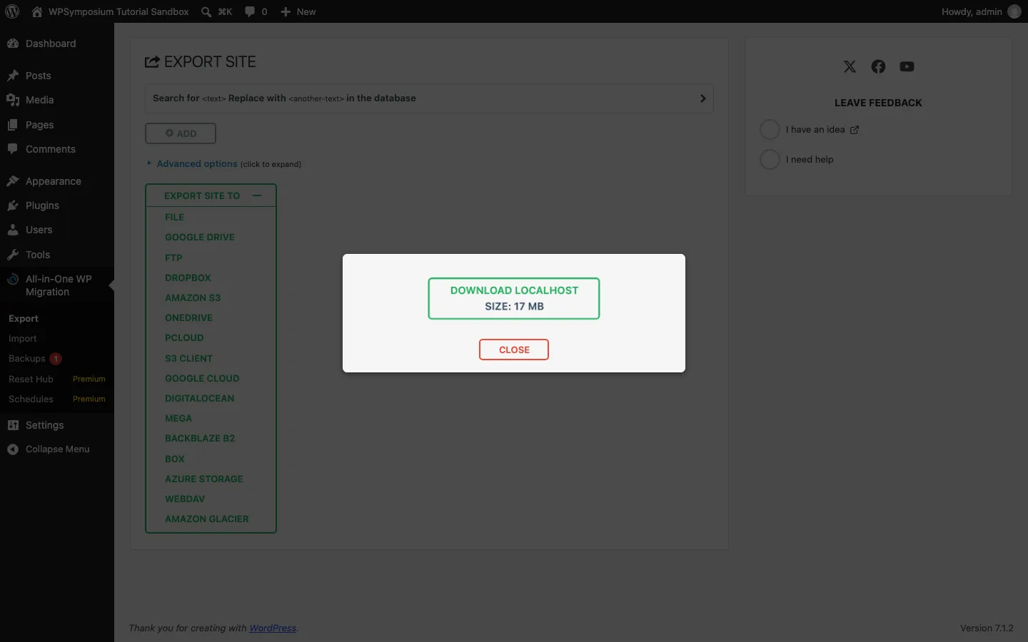 All-in-One WP Migration pop-up after an export to file, with a Download button showing a 17 MB backup