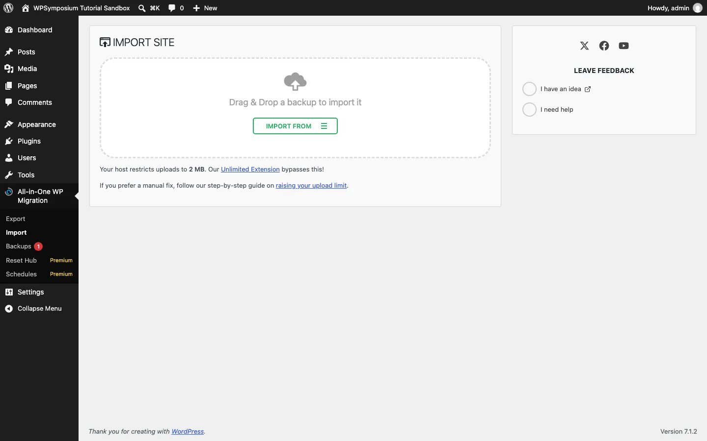 All-in-One WP Migration Import Site screen with a note saying the host restricts uploads to 2 MB