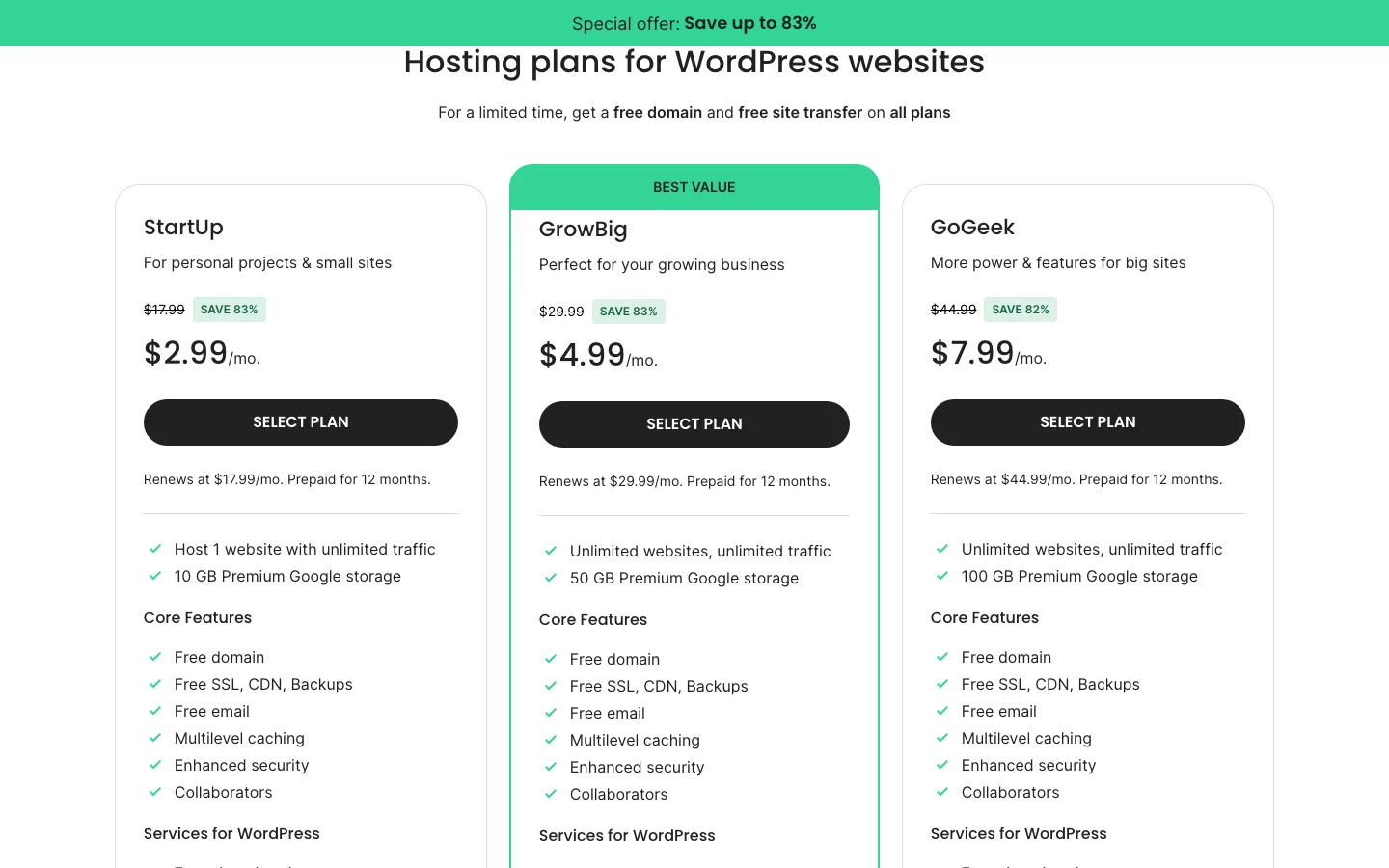 SiteGround WordPress hosting plans StartUp, GrowBig and GoGeek at $2.99, $4.99 and $7.99 a month, each renewing at $17.99, $29.99 and $44.99 and prepaid for 12 months
