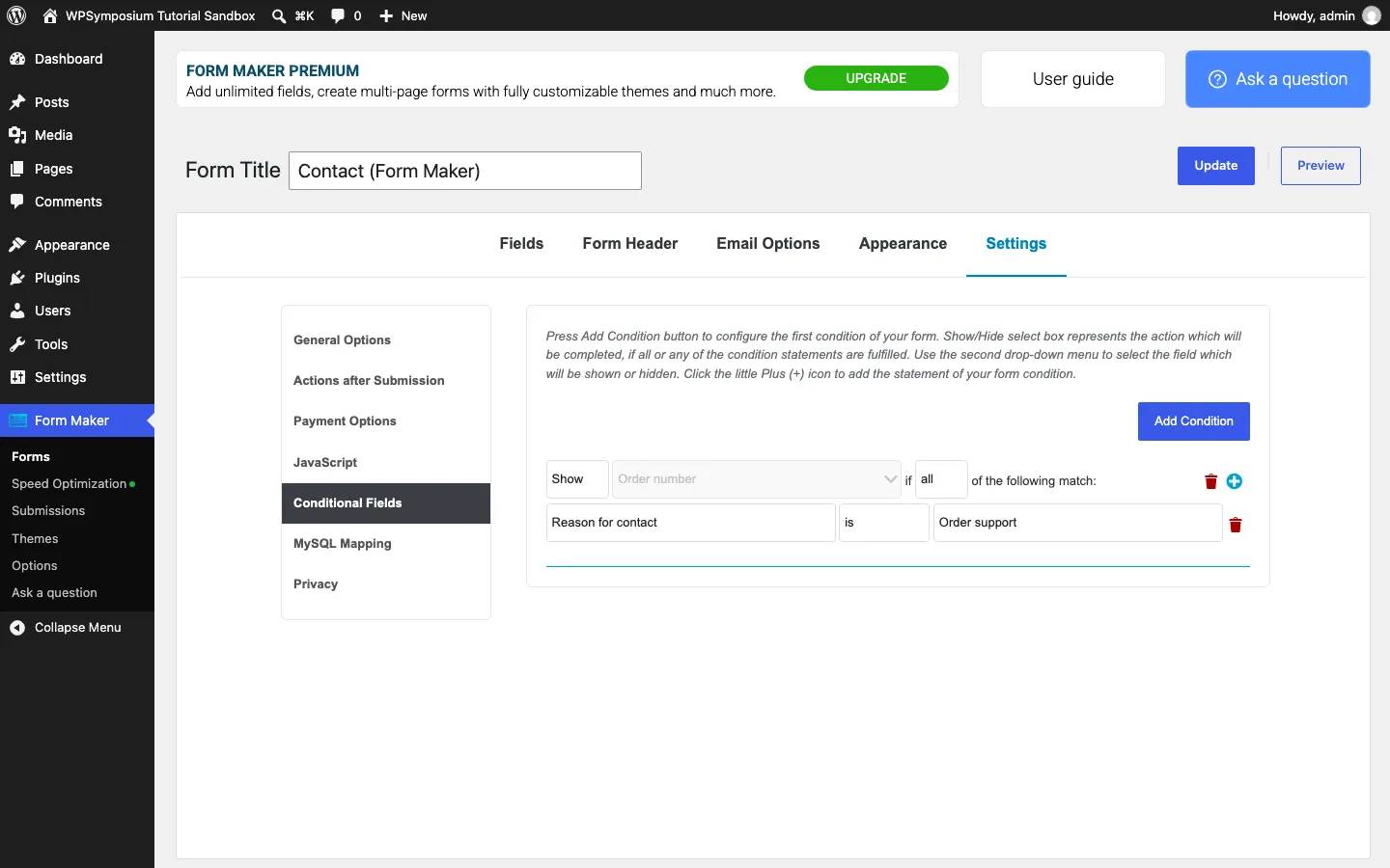 Form Maker conditional fields settings with a rule to show Order number if Reason for contact is Order support
