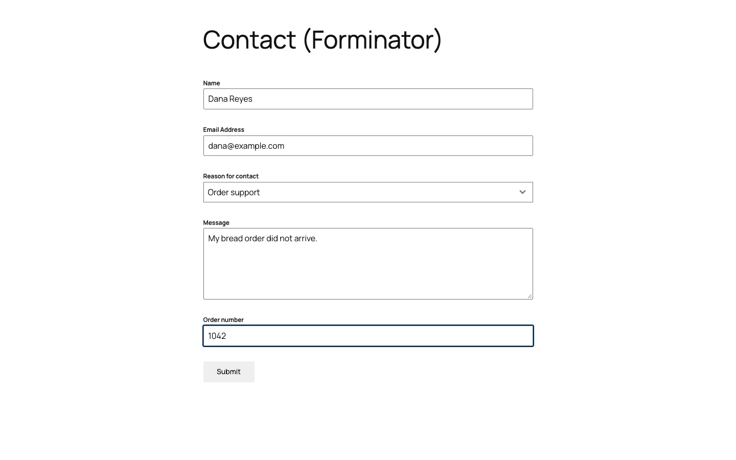 Forminator contact form on the front end with Order support selected and the Order number field showing