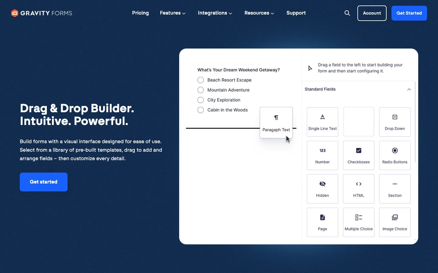 Gravity Forms drag-and-drop builder shown on the official features page, with a field panel on the right
