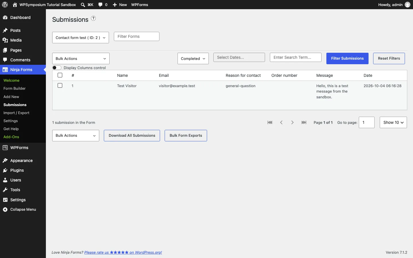 Ninja Forms Submissions screen listing the saved test entry with name, email, reason and message columns