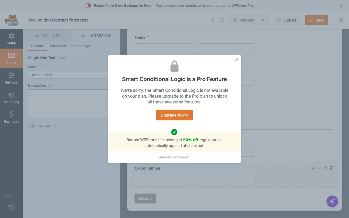 WPForms Lite pop-up saying Smart Conditional Logic is a Pro feature with an upgrade button