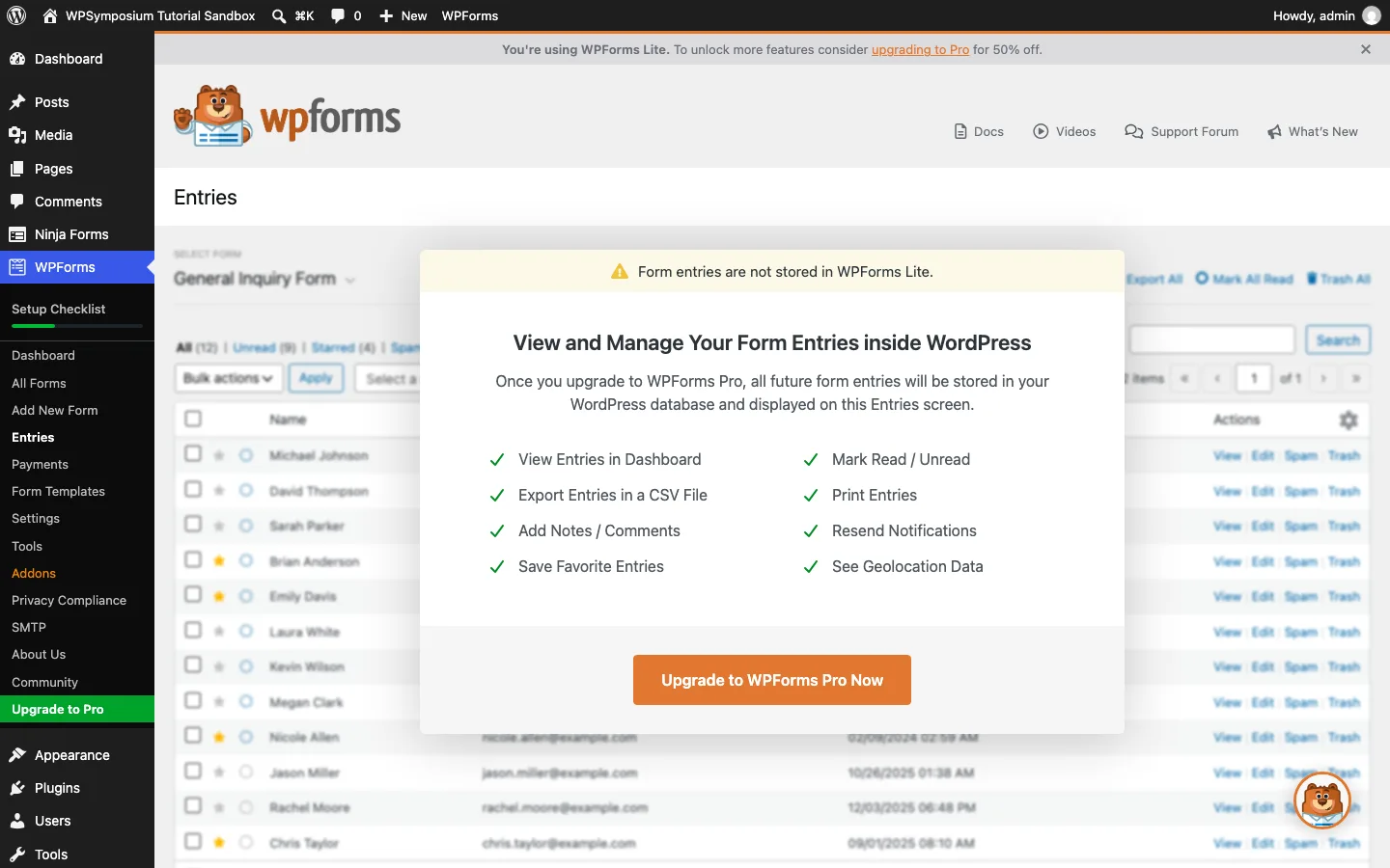 WPForms Lite Entries screen with a notice that form entries are not stored in WPForms Lite and an upgrade button