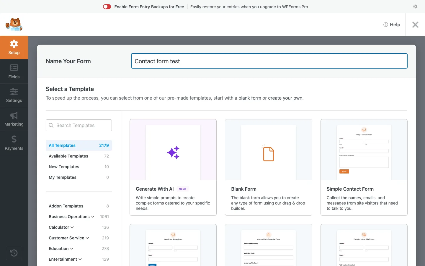 WPForms template picker on our test site showing 2,179 templates with 72 available in the free version